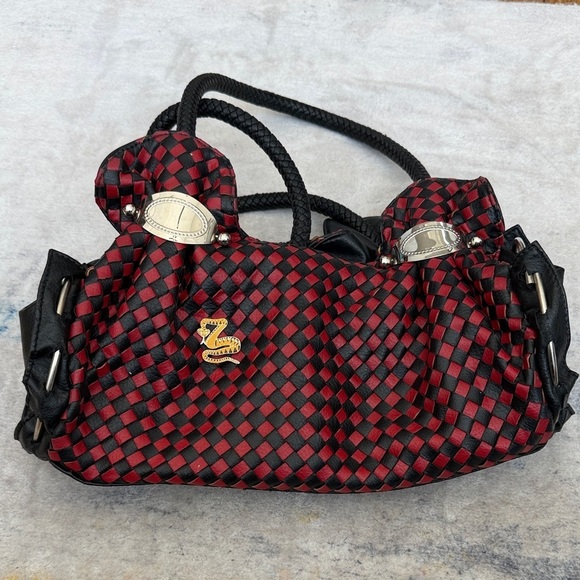Zelli Handbags - Zelli Woven Leather Satchel Bag | Red & Black | Designer Purse